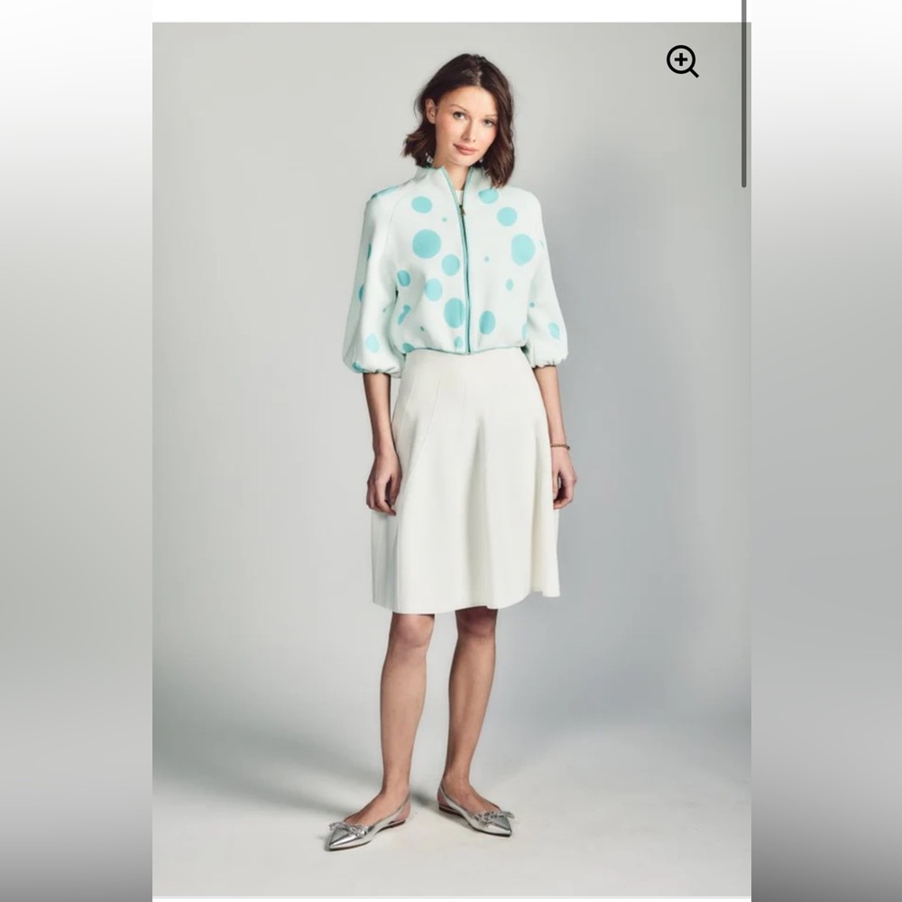 ALEZZA Polka Dot Cropped Zip Cardigan in Light Aqua. NWOT